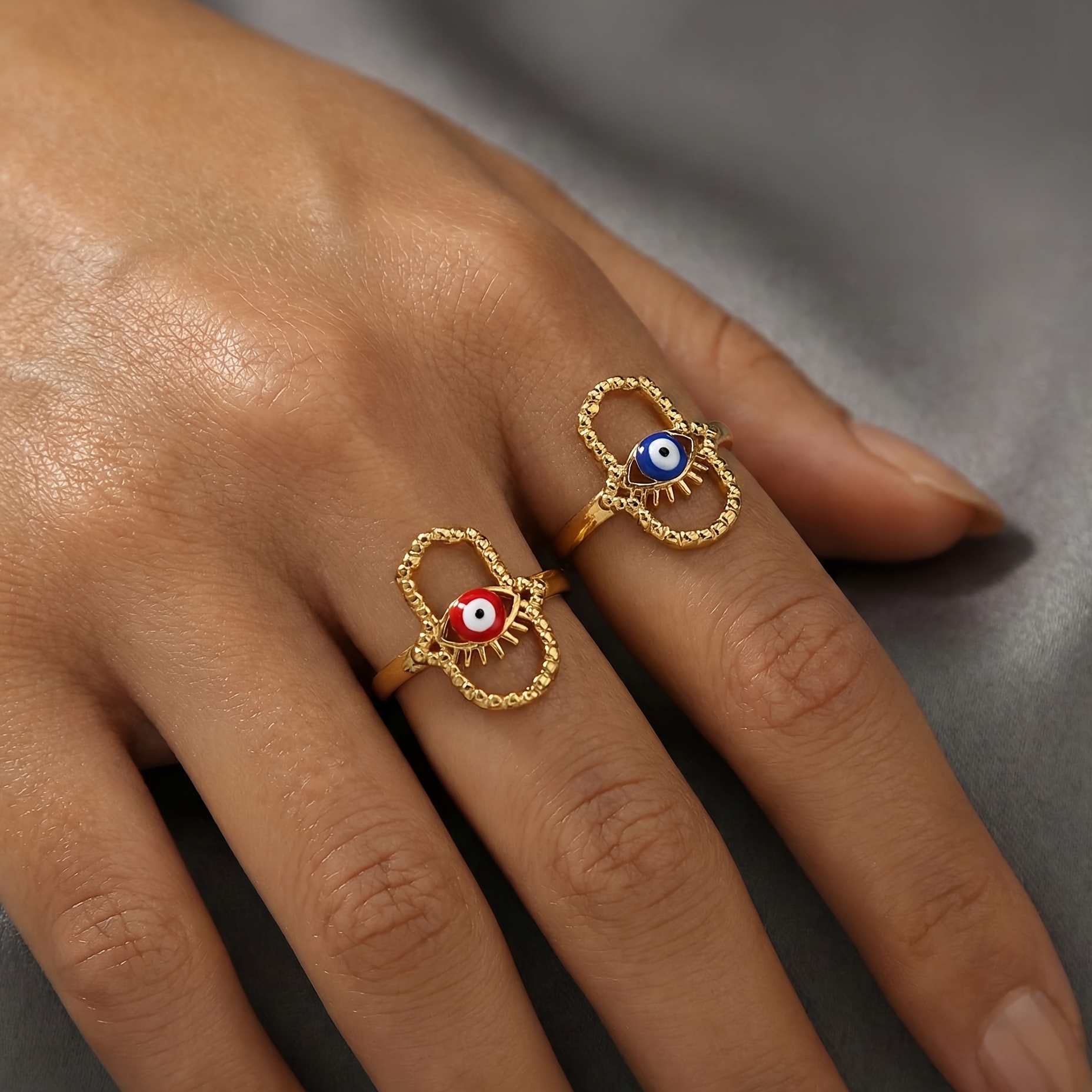 Vintage Red and Blue Evil Eye Open Ring, Unisex Adjustable
